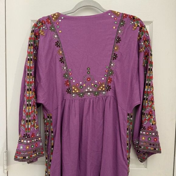 Free People Embroidered Linen Dress Tunic Size XS Purple Tie Front Embellished - Picture 5 of 9